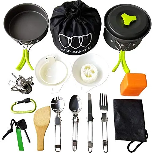 17Pcs Camping Cookware Mess Kit Backpacking Gear & Hiking Outdoors Bug Out Bag Cooking Equipment Cookset | Lightweight Compact & Durable Pot Pan Bowls (Green)