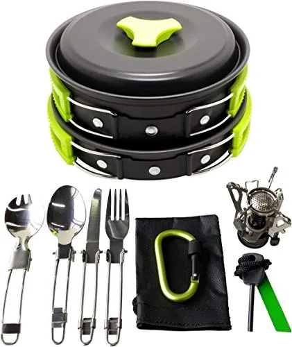 17Pcs Camping Cookware Mess Kit Backpacking Gear & Hiking Outdoors Bug Out Bag Cooking Equipment Cookset | Lightweight Compact & Durable Pot Pan Bowls (Green)