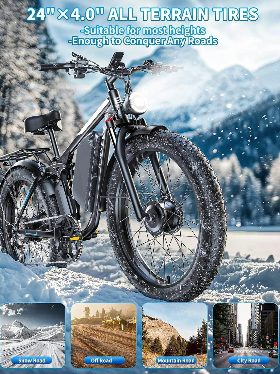 4000W Peak 5000W Dual Motor Electric Bike for Adults, 24/26 Inch, 52V 32AH, Up to 90Mile & 45MPH E-Bike Fat Tire Full Suspension Electric Bicycles, 7 Speed AWD Mountain Ebikes, Hydraulic Disc Brake