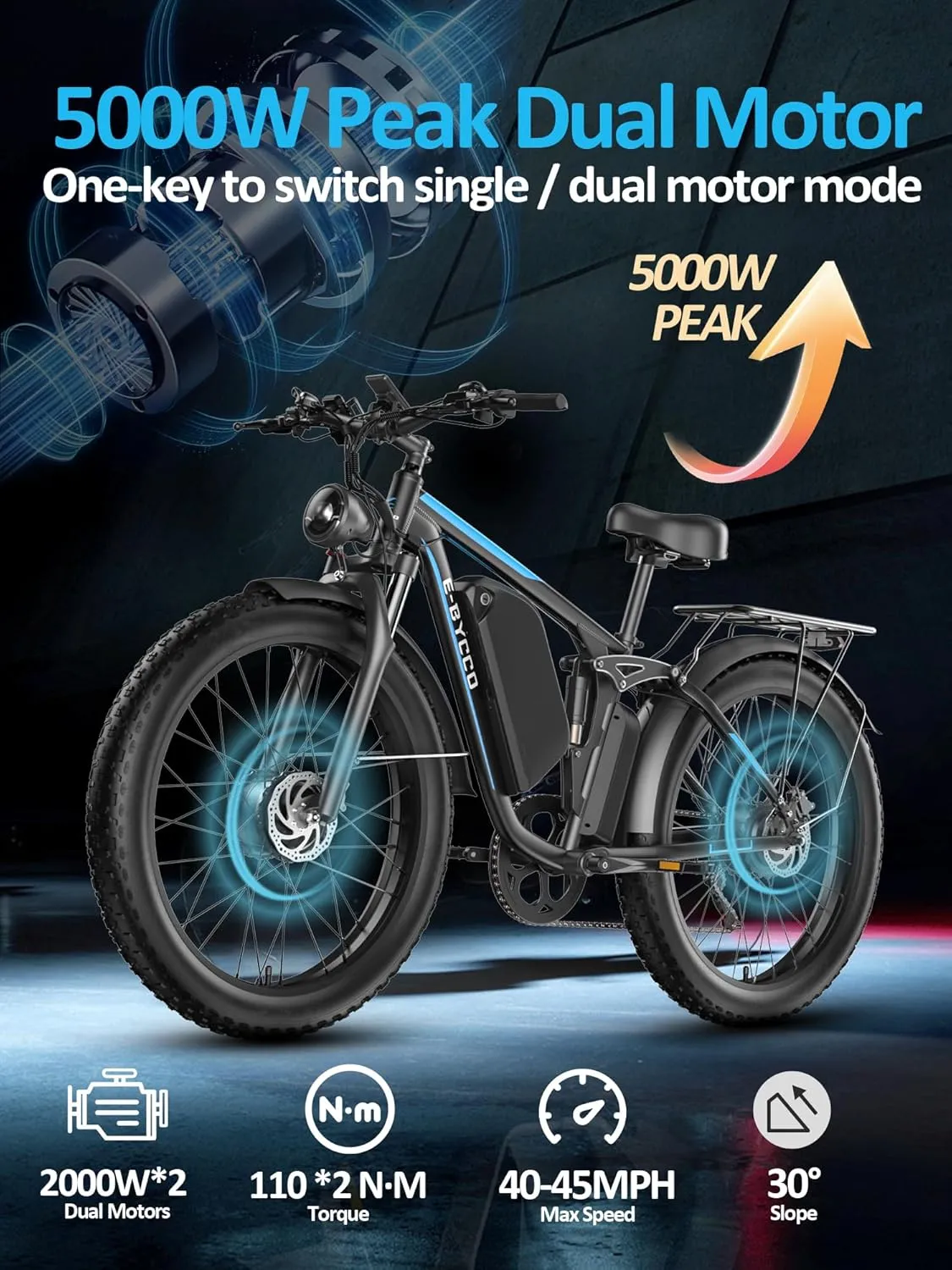 4000W Peak 5000W Dual Motor Electric Bike for Adults, 24/26 Inch, 52V 32AH, Up to 90Mile & 45MPH E-Bike Fat Tire Full Suspension Electric Bicycles, 7 Speed AWD Mountain Ebikes, Hydraulic Disc Brake