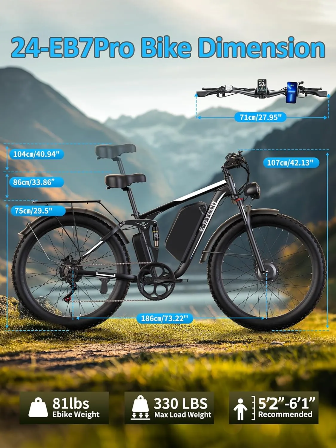 4000W Peak 5000W Dual Motor Electric Bike for Adults, 24/26 Inch, 52V 32AH, Up to 90Mile & 45MPH E-Bike Fat Tire Full Suspension Electric Bicycles, 7 Speed AWD Mountain Ebikes, Hydraulic Disc Brake