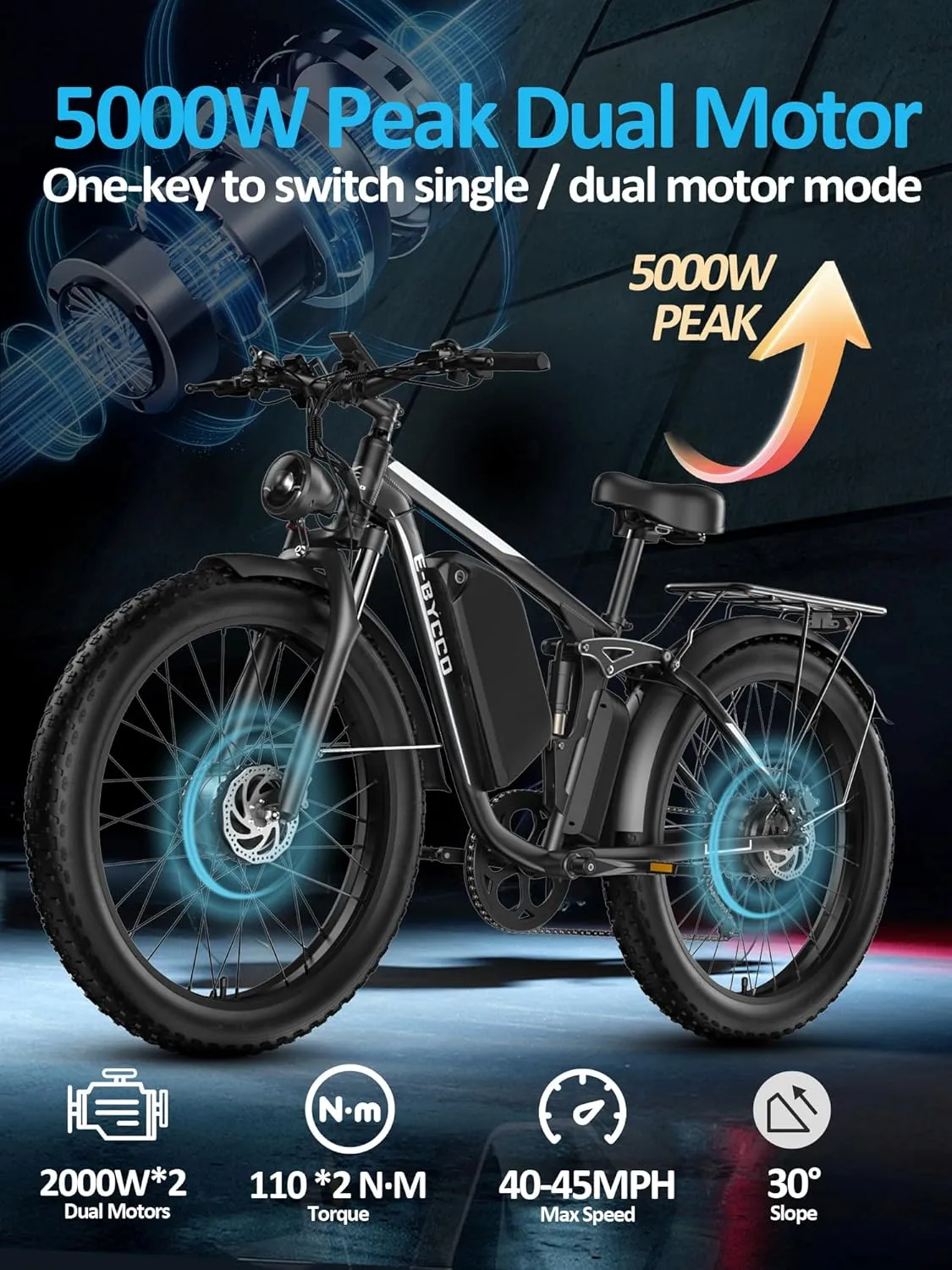4000W Peak 5000W Dual Motor Electric Bike for Adults, 24/26 Inch, 52V 32AH, Up to 90Mile & 45MPH E-Bike Fat Tire Full Suspension Electric Bicycles, 7 Speed AWD Mountain Ebikes, Hydraulic Disc Brake