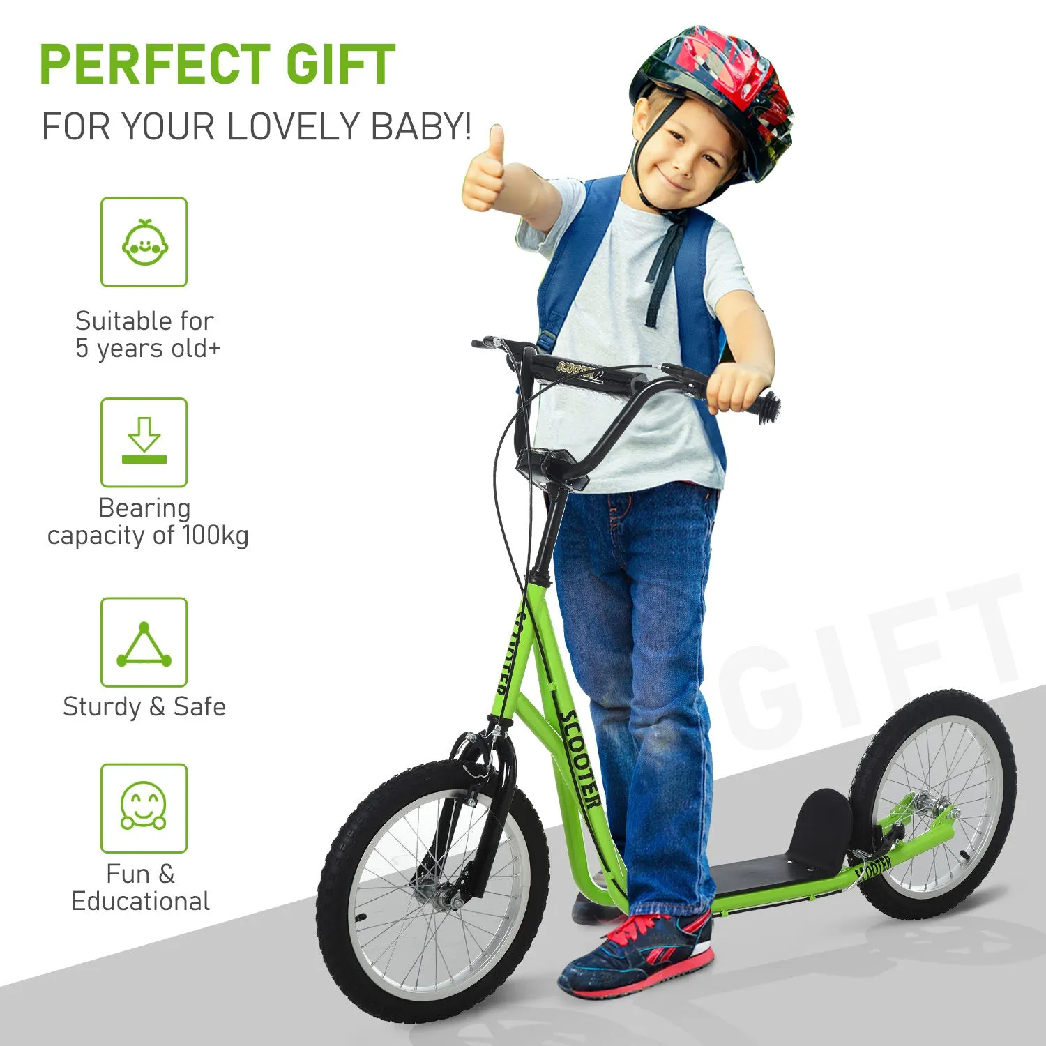 Aosom Youth Scooter Kick Scooter for Kids 5  with Adjustable Handlebar 16" Front and Rear Dual Brakes Inflatable Wheels, Light Green