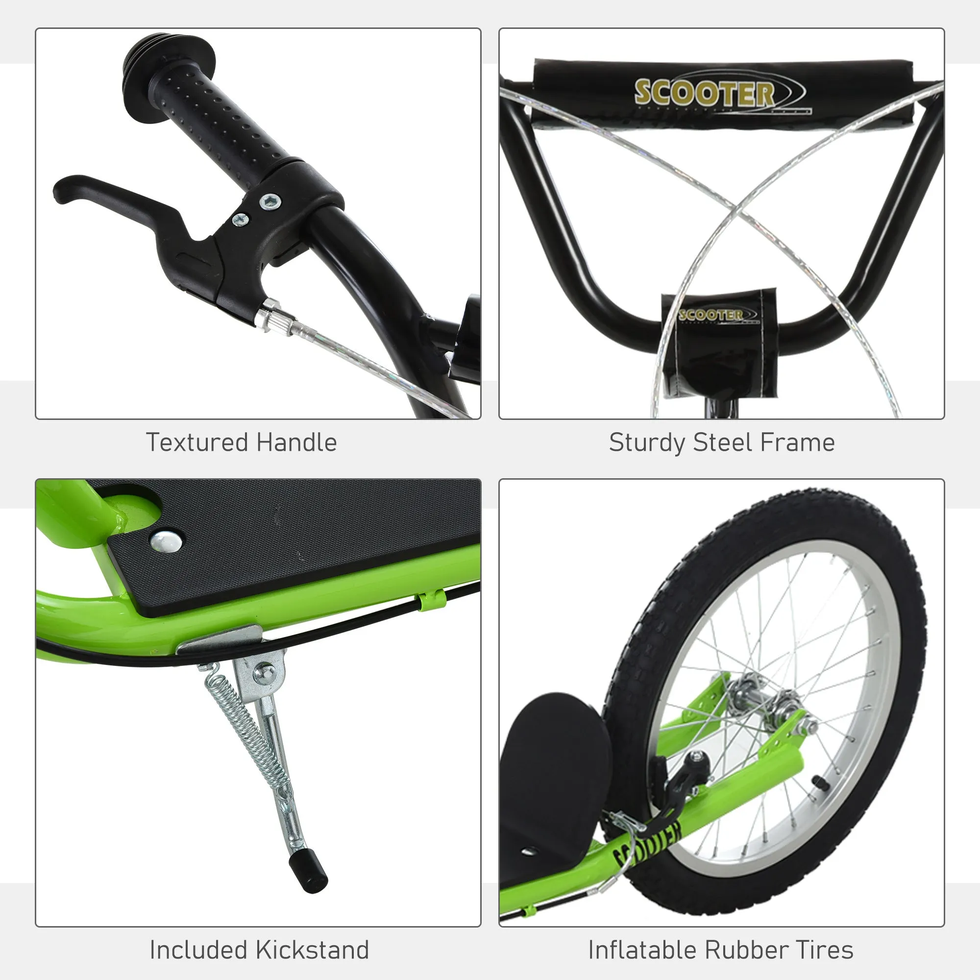 Aosom Youth Scooter Kick Scooter for Kids 5  with Adjustable Handlebar 16" Front and Rear Dual Brakes Inflatable Wheels, Light Green