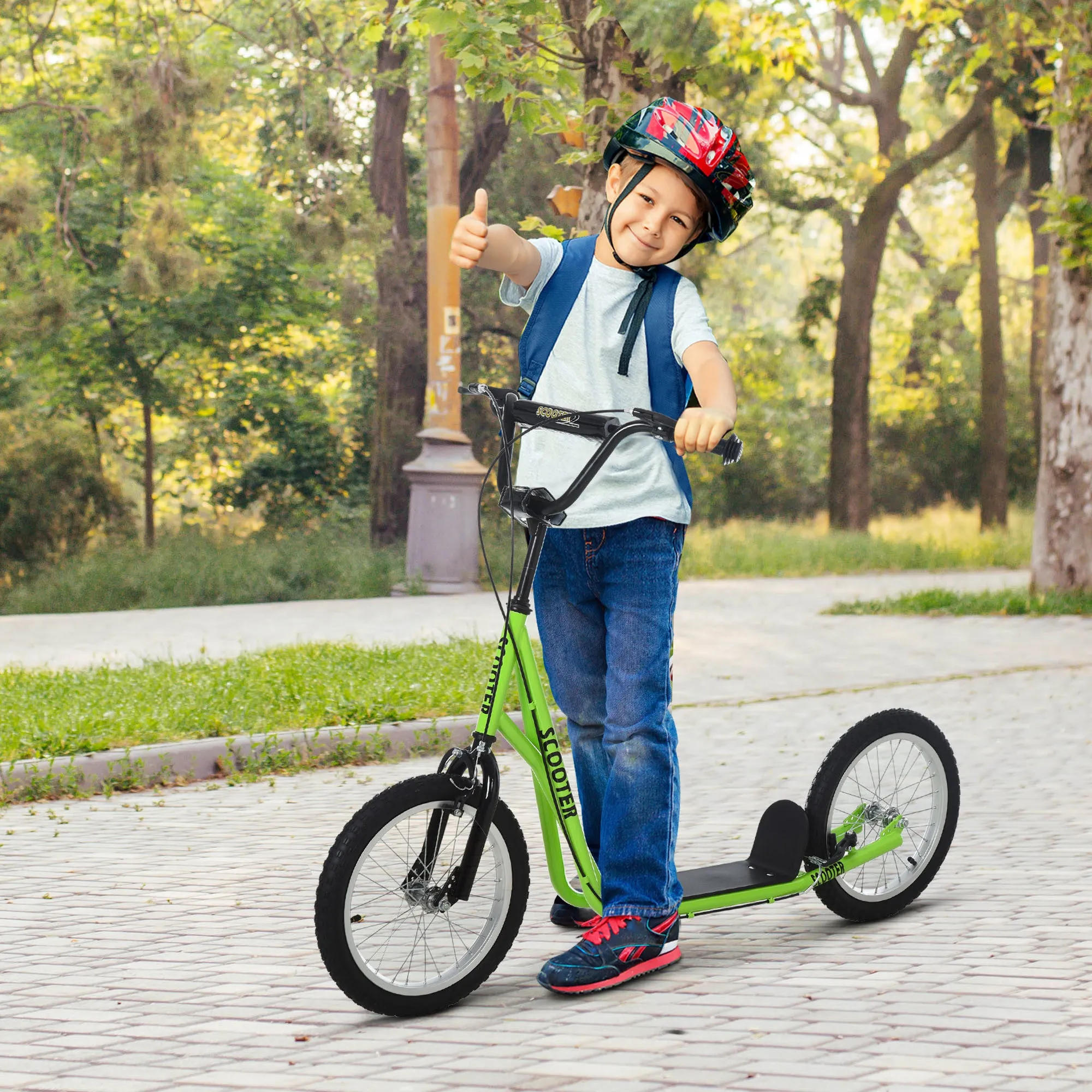 Aosom Youth Scooter Kick Scooter for Kids 5  with Adjustable Handlebar 16" Front and Rear Dual Brakes Inflatable Wheels, Light Green
