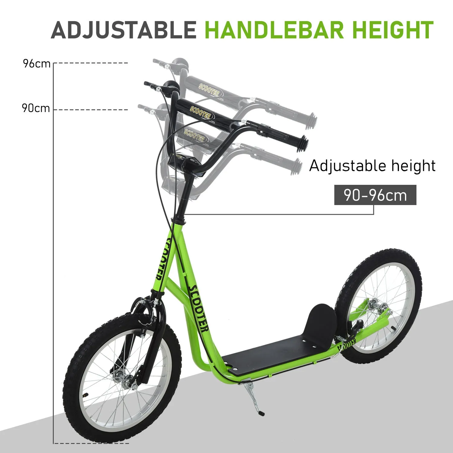 Aosom Youth Scooter Kick Scooter for Kids 5  with Adjustable Handlebar 16" Front and Rear Dual Brakes Inflatable Wheels, Light Green