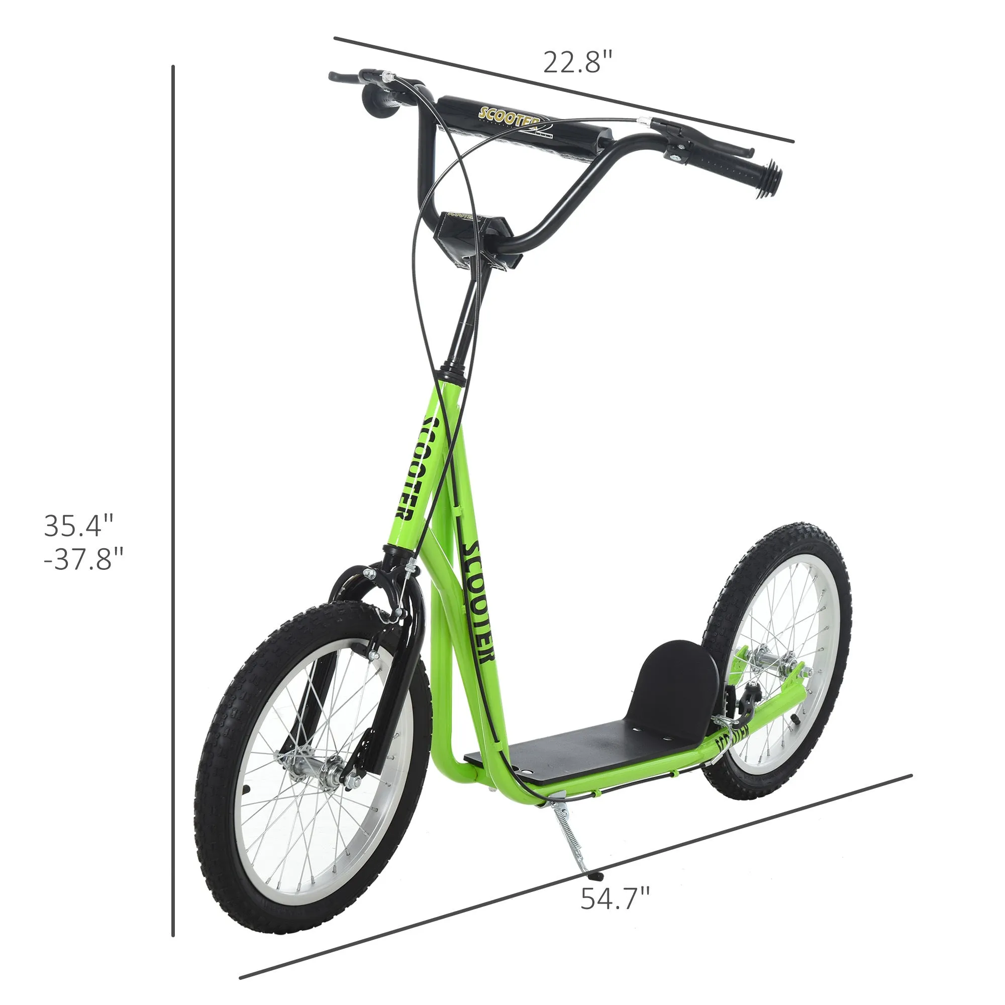 Aosom Youth Scooter Kick Scooter for Kids 5  with Adjustable Handlebar 16" Front and Rear Dual Brakes Inflatable Wheels, Light Green