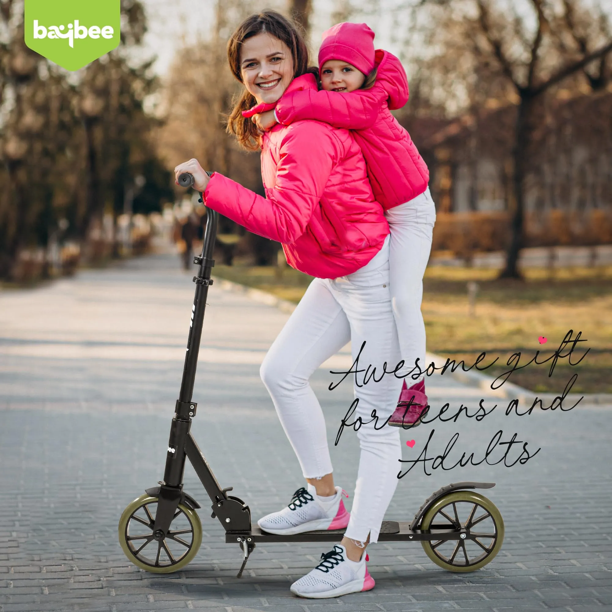 Baybee City Partner Kick Scooter for Kids & Adults, 2 Wheel Foldable Kids Scooter with 3 Height Adjustable, Stand, Brake & PU Wheels | Runner Skate Scooter for Adults Kids 8  Years Boys Girls (Green)