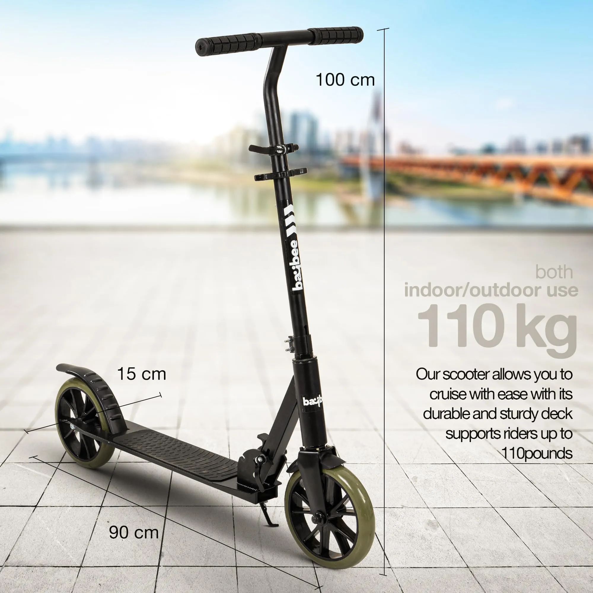 Baybee City Partner Kick Scooter for Kids & Adults, 2 Wheel Foldable Kids Scooter with 3 Height Adjustable, Stand, Brake & PU Wheels | Runner Skate Scooter for Adults Kids 8  Years Boys Girls (Green)