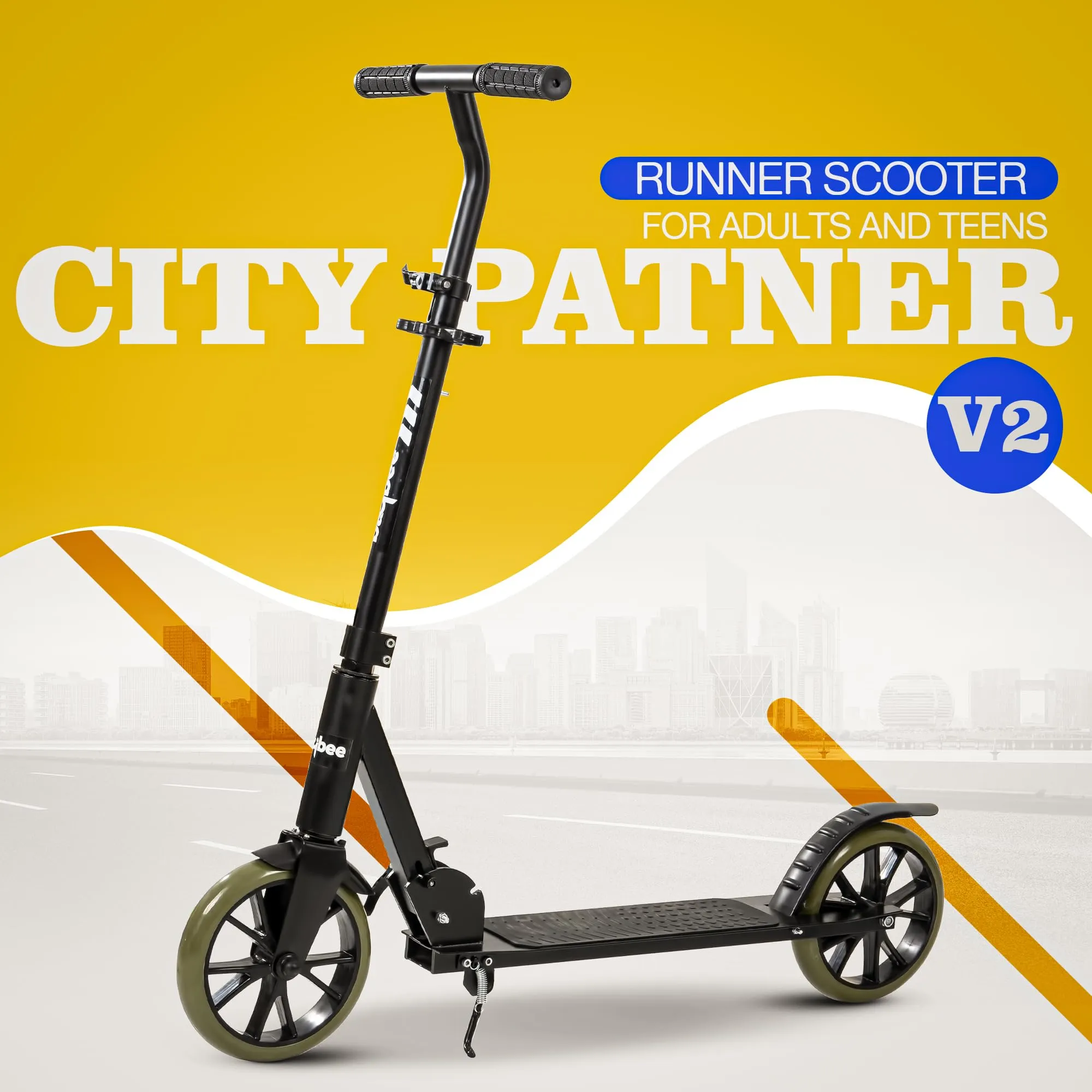 Baybee City Partner Kick Scooter for Kids & Adults, 2 Wheel Foldable Kids Scooter with 3 Height Adjustable, Stand, Brake & PU Wheels | Runner Skate Scooter for Adults Kids 8  Years Boys Girls (Green)