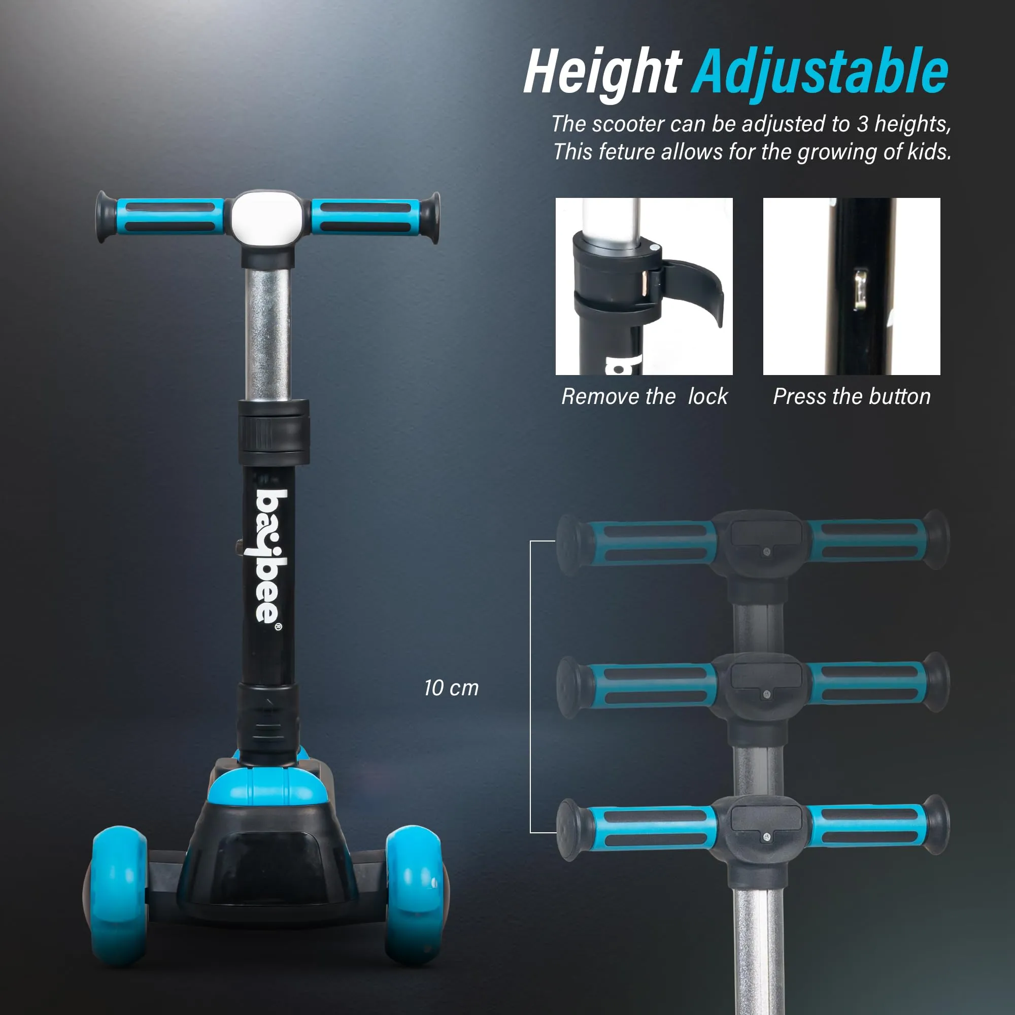 Baybee Cruze Skate Scooter for Kids, Smart 3 Wheel Kids Scooter with Height Adjustable & Music | Kick Scooter with LED PU Wheels, Rear Brake | Runner Scooter for Kids 2 to 10 Years Boys Girls (Blue)