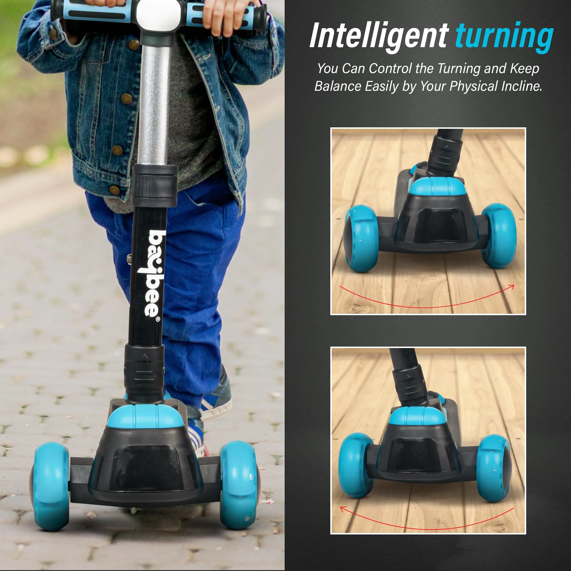 Baybee Cruze Skate Scooter for Kids, Smart 3 Wheel Kids Scooter with Height Adjustable & Music | Kick Scooter with LED PU Wheels, Rear Brake | Runner Scooter for Kids 2 to 10 Years Boys Girls (Blue)