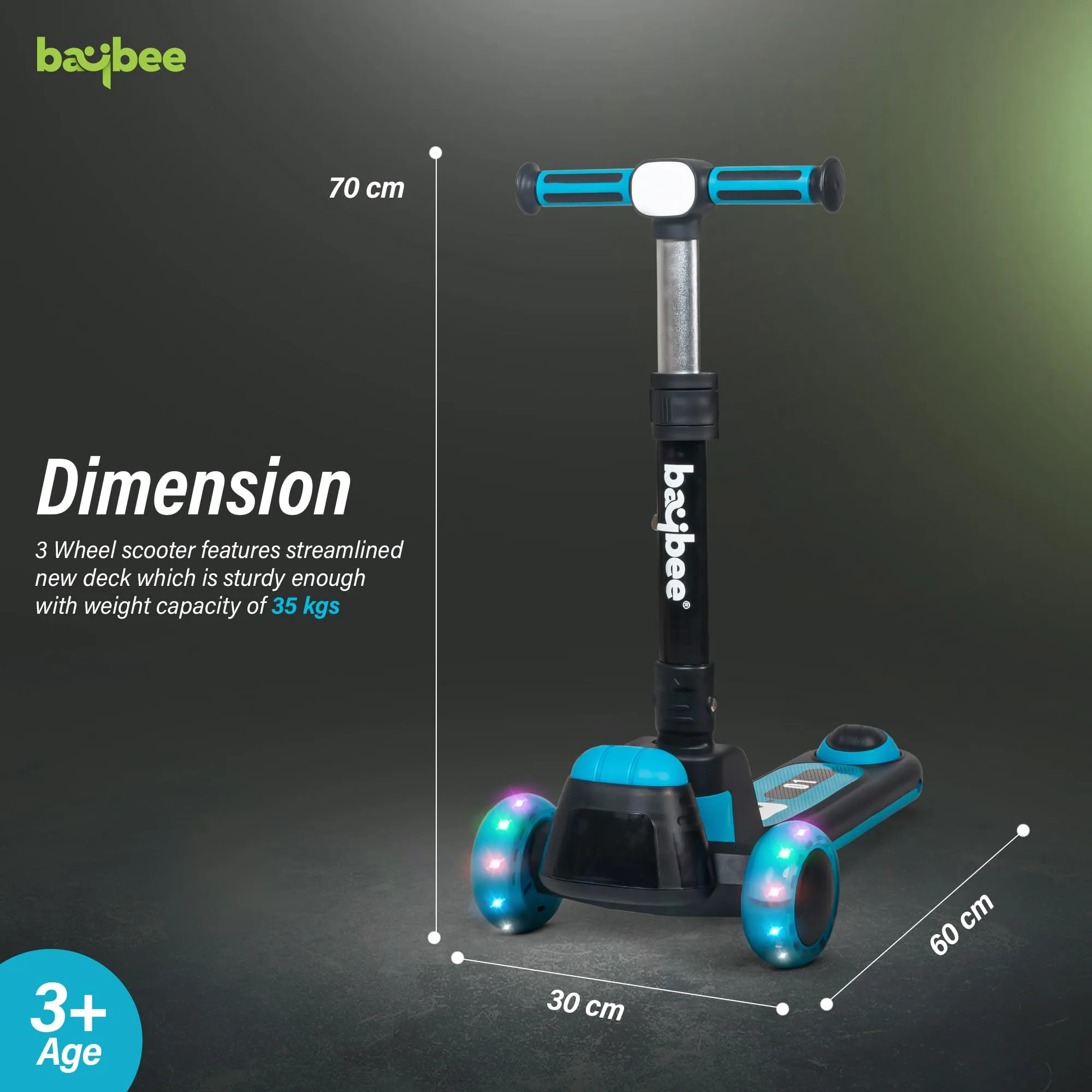 Baybee Cruze Skate Scooter for Kids, Smart 3 Wheel Kids Scooter with Height Adjustable & Music | Kick Scooter with LED PU Wheels, Rear Brake | Runner Scooter for Kids 2 to 10 Years Boys Girls (Blue)