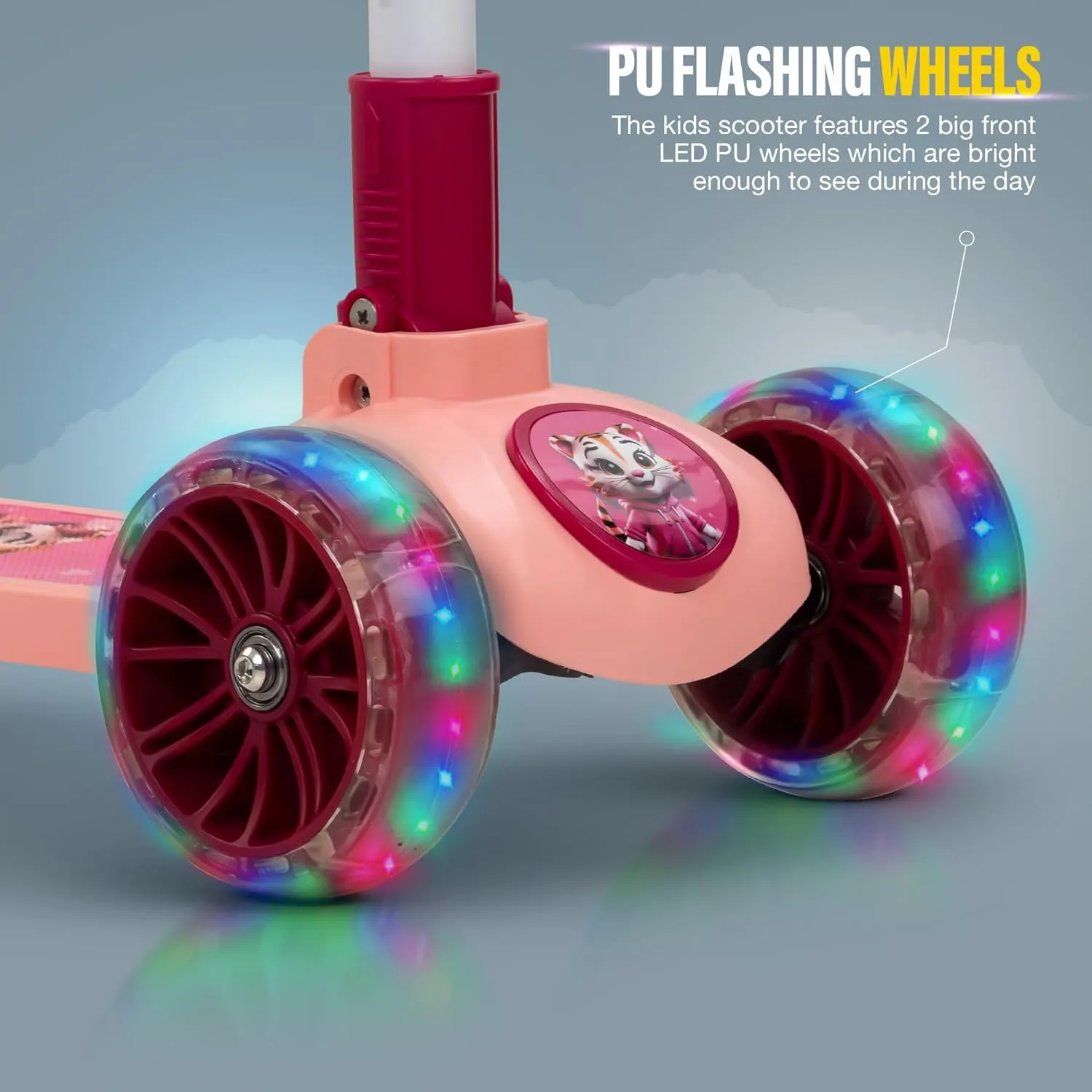 Baybee Kitty Kick Scooter for Kids, Foldable Kids Scooter with 4 Height Adjustable Handle & Brake, Skate Scooter with LED PU Wheels, Runner Scooter for Kids