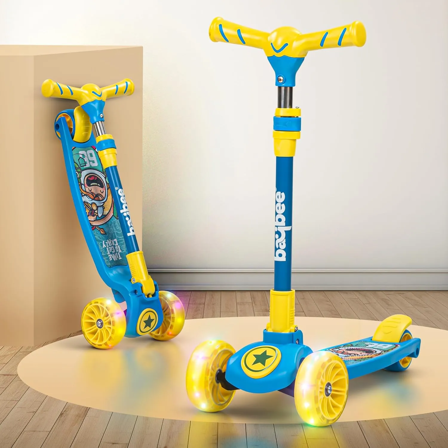 Baybee Kitty Kick Scooter for Kids, Foldable Kids Scooter with 4 Height Adjustable Handle & Brake, Skate Scooter with LED PU Wheels, Runner Scooter for Kids