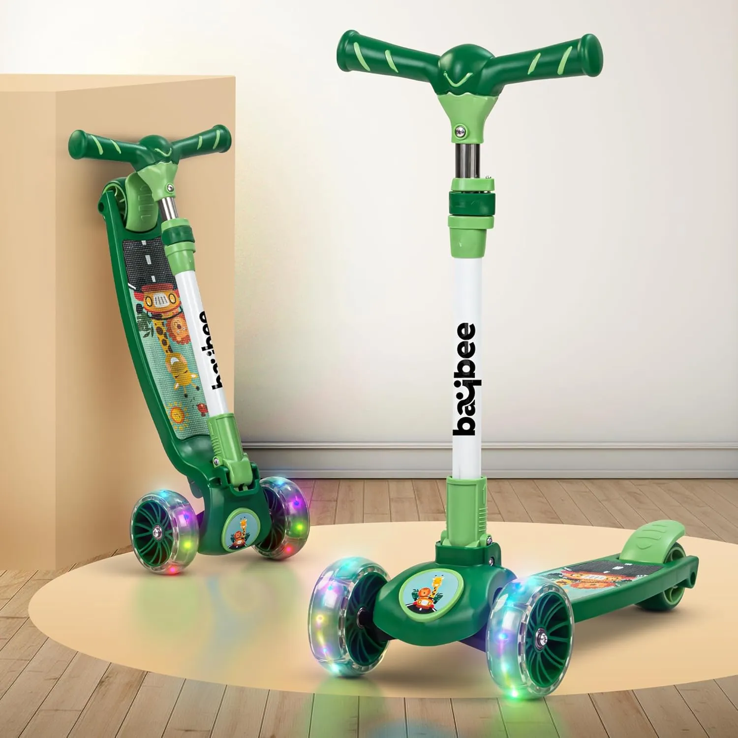 Baybee Kitty Kick Scooter for Kids, Foldable Kids Scooter with 4 Height Adjustable Handle & Brake, Skate Scooter with LED PU Wheels, Runner Scooter for Kids
