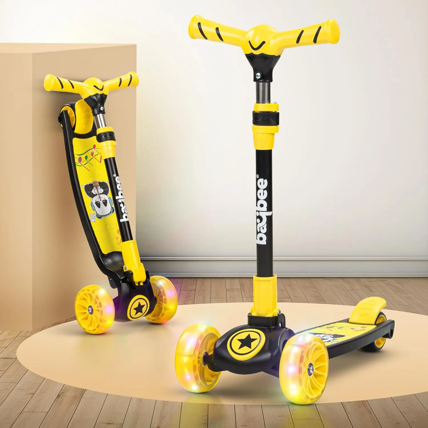 Baybee Kitty Kick Scooter for Kids, Foldable Kids Scooter with 4 Height Adjustable Handle & Brake, Skate Scooter with LED PU Wheels, Runner Scooter for Kids