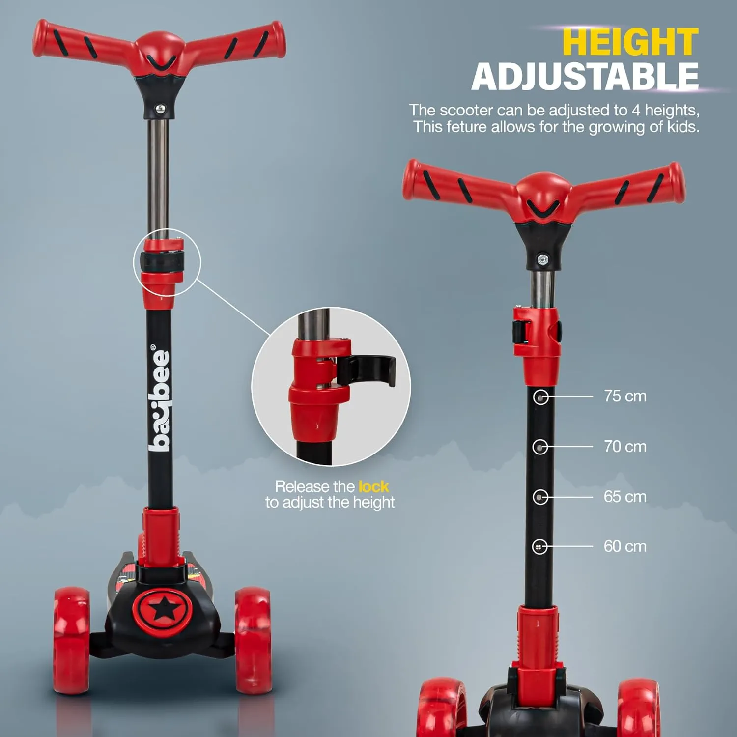 Baybee Kitty Kick Scooter for Kids, Foldable Kids Scooter with 4 Height Adjustable Handle & Brake, Skate Scooter with LED PU Wheels, Runner Scooter for Kids