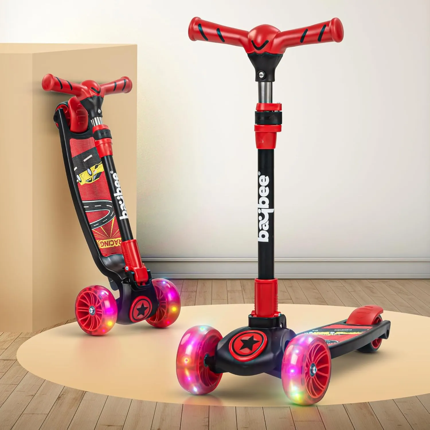 Baybee Kitty Kick Scooter for Kids, Foldable Kids Scooter with 4 Height Adjustable Handle & Brake, Skate Scooter with LED PU Wheels, Runner Scooter for Kids
