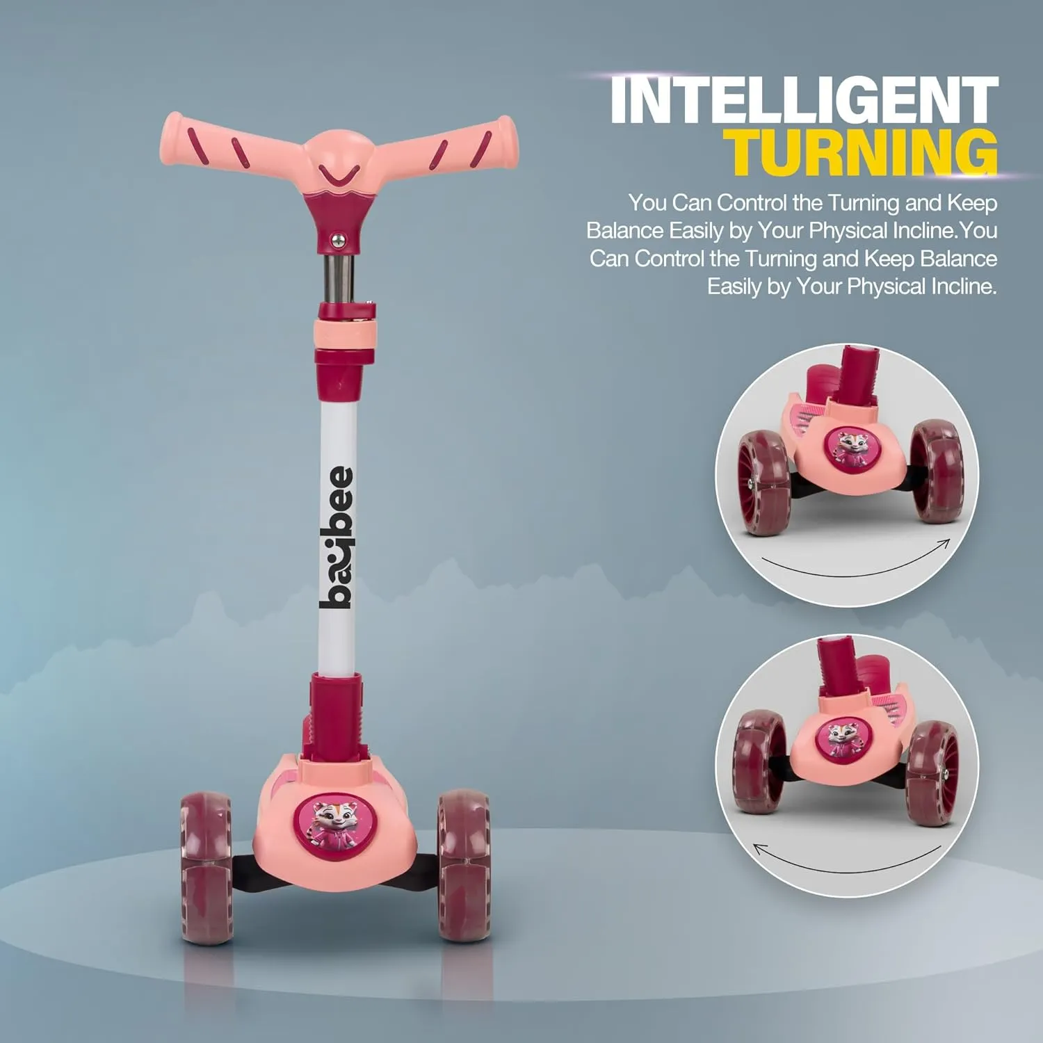 Baybee Kitty Kick Scooter for Kids, Foldable Kids Scooter with 4 Height Adjustable Handle & Brake, Skate Scooter with LED PU Wheels, Runner Scooter for Kids