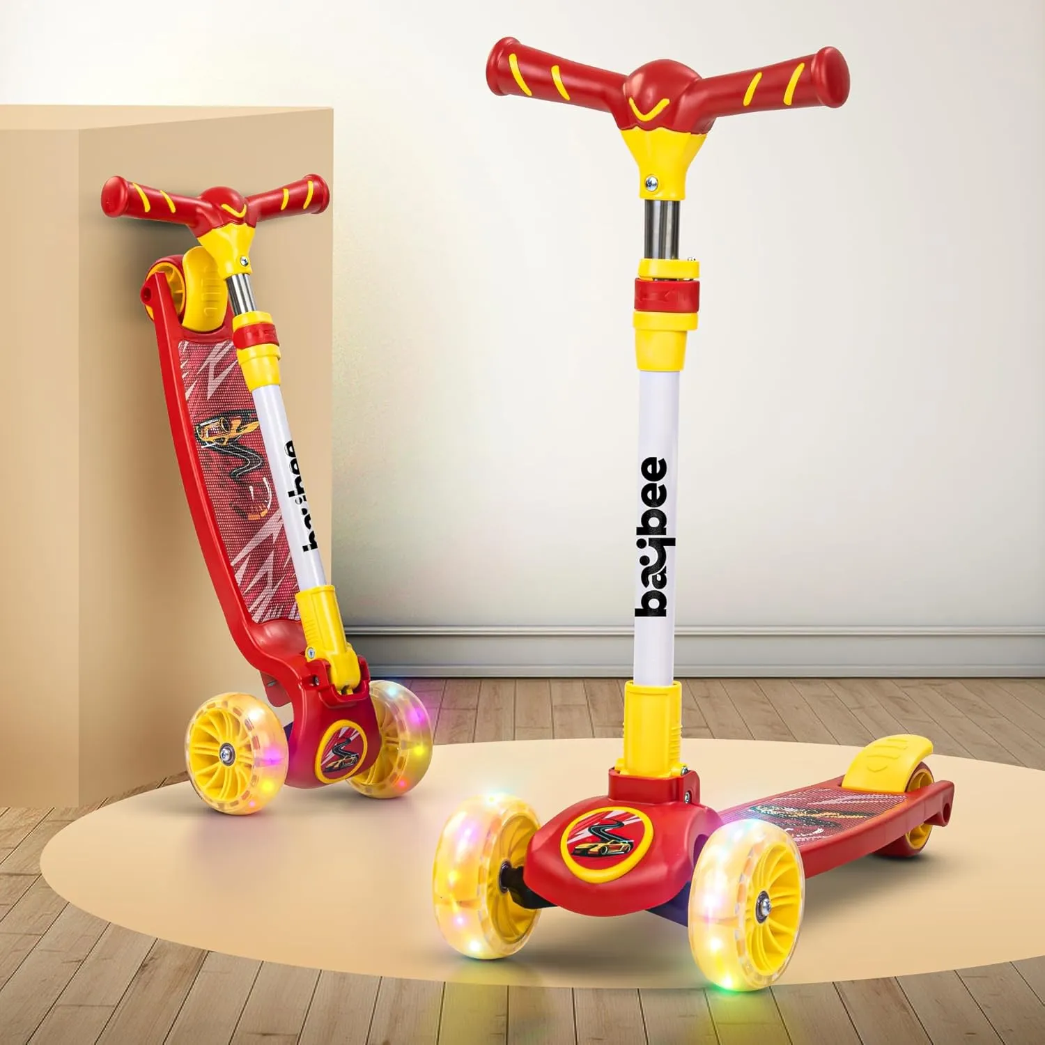 Baybee Kitty Kick Scooter for Kids, Foldable Kids Scooter with 4 Height Adjustable Handle & Brake, Skate Scooter with LED PU Wheels, Runner Scooter for Kids