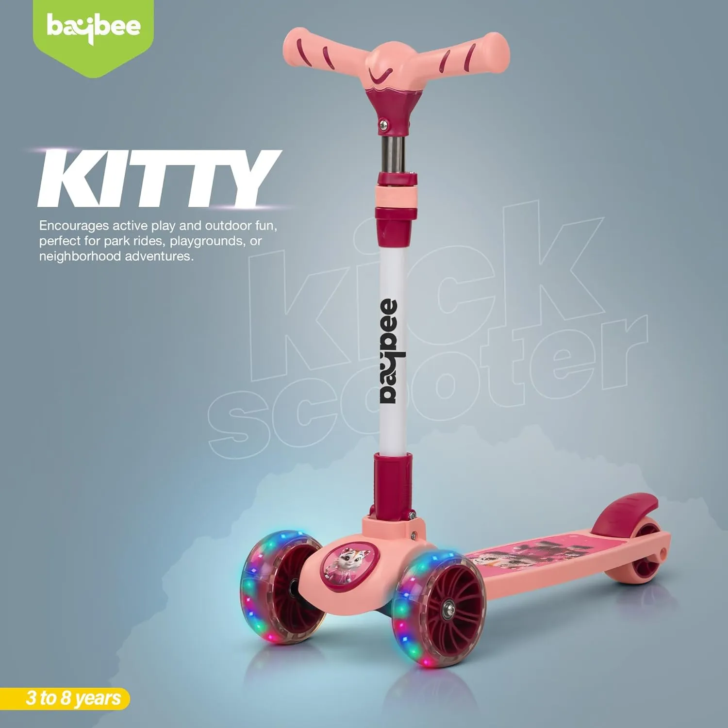 Baybee Kitty Kick Scooter for Kids, Foldable Kids Scooter with 4 Height Adjustable Handle & Brake, Skate Scooter with LED PU Wheels, Runner Scooter for Kids
