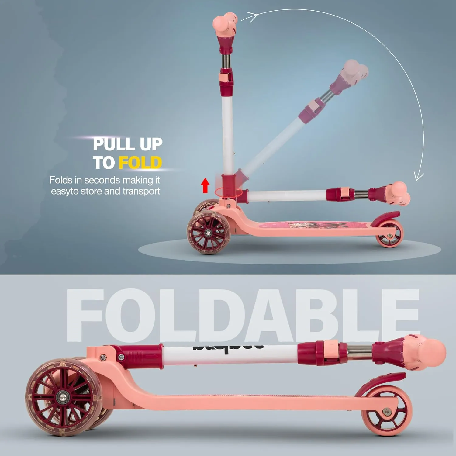 Baybee Kitty Kick Scooter for Kids, Foldable Kids Scooter with 4 Height Adjustable Handle & Brake, Skate Scooter with LED PU Wheels, Runner Scooter for Kids
