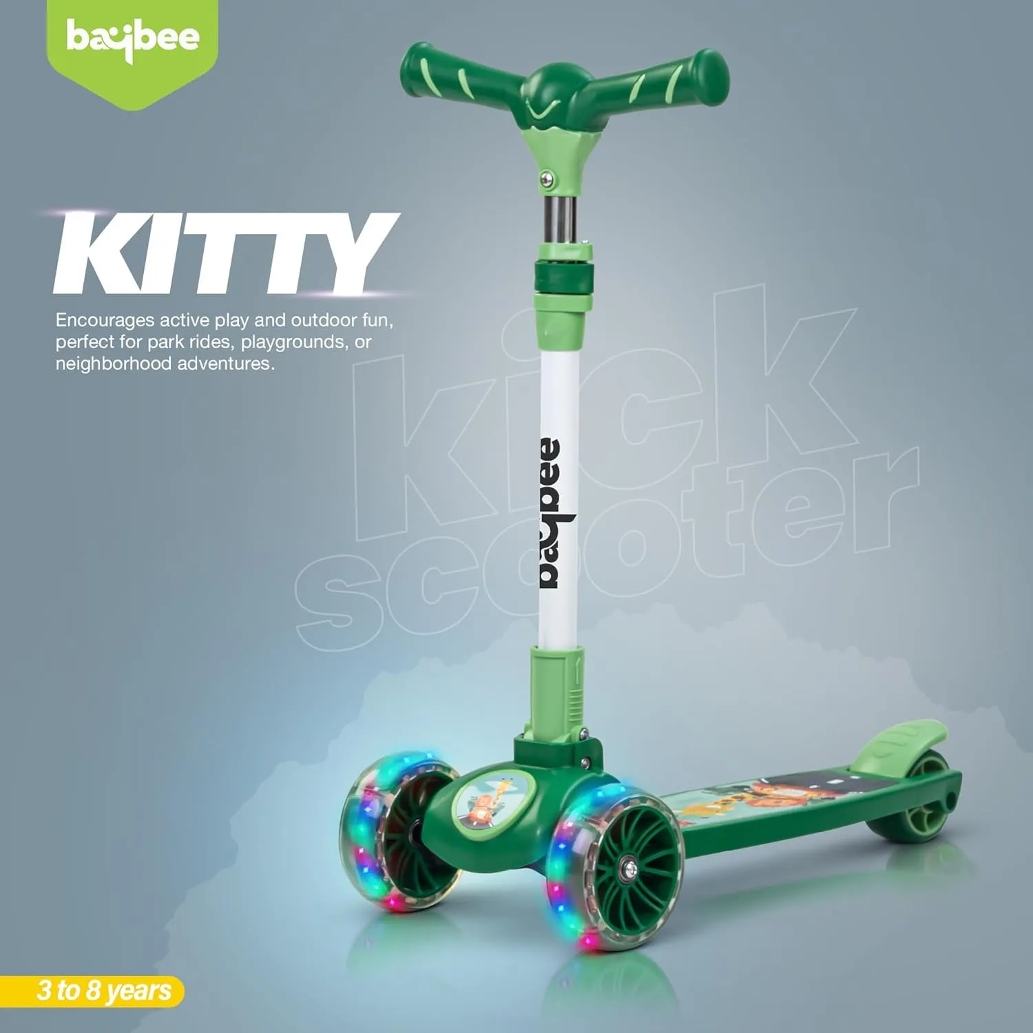 Baybee Kitty Kick Scooter for Kids, Foldable Kids Scooter with 4 Height Adjustable Handle & Brake, Skate Scooter with LED PU Wheels, Runner Scooter for Kids