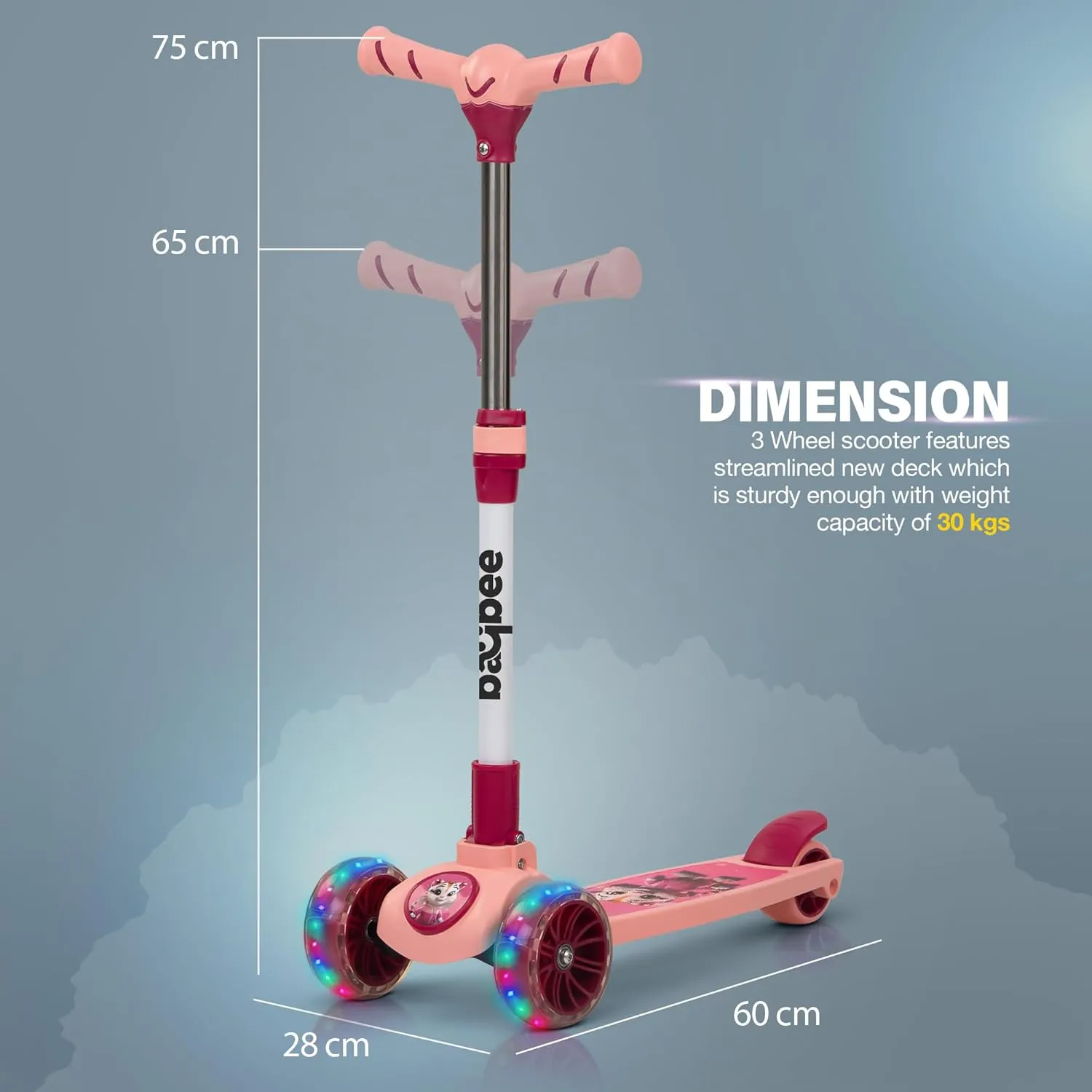 Baybee Kitty Kick Scooter for Kids, Foldable Kids Scooter with 4 Height Adjustable Handle & Brake, Skate Scooter with LED PU Wheels, Runner Scooter for Kids