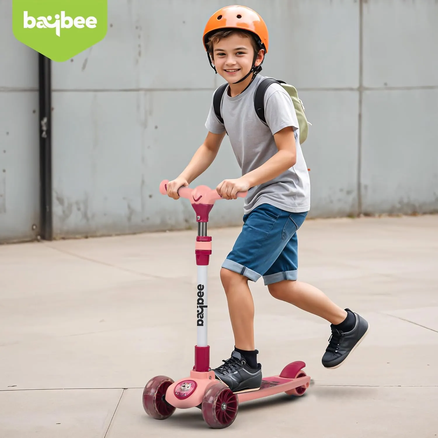 Baybee Kitty Kick Scooter for Kids, Foldable Kids Scooter with 4 Height Adjustable Handle & Brake, Skate Scooter with LED PU Wheels, Runner Scooter for Kids