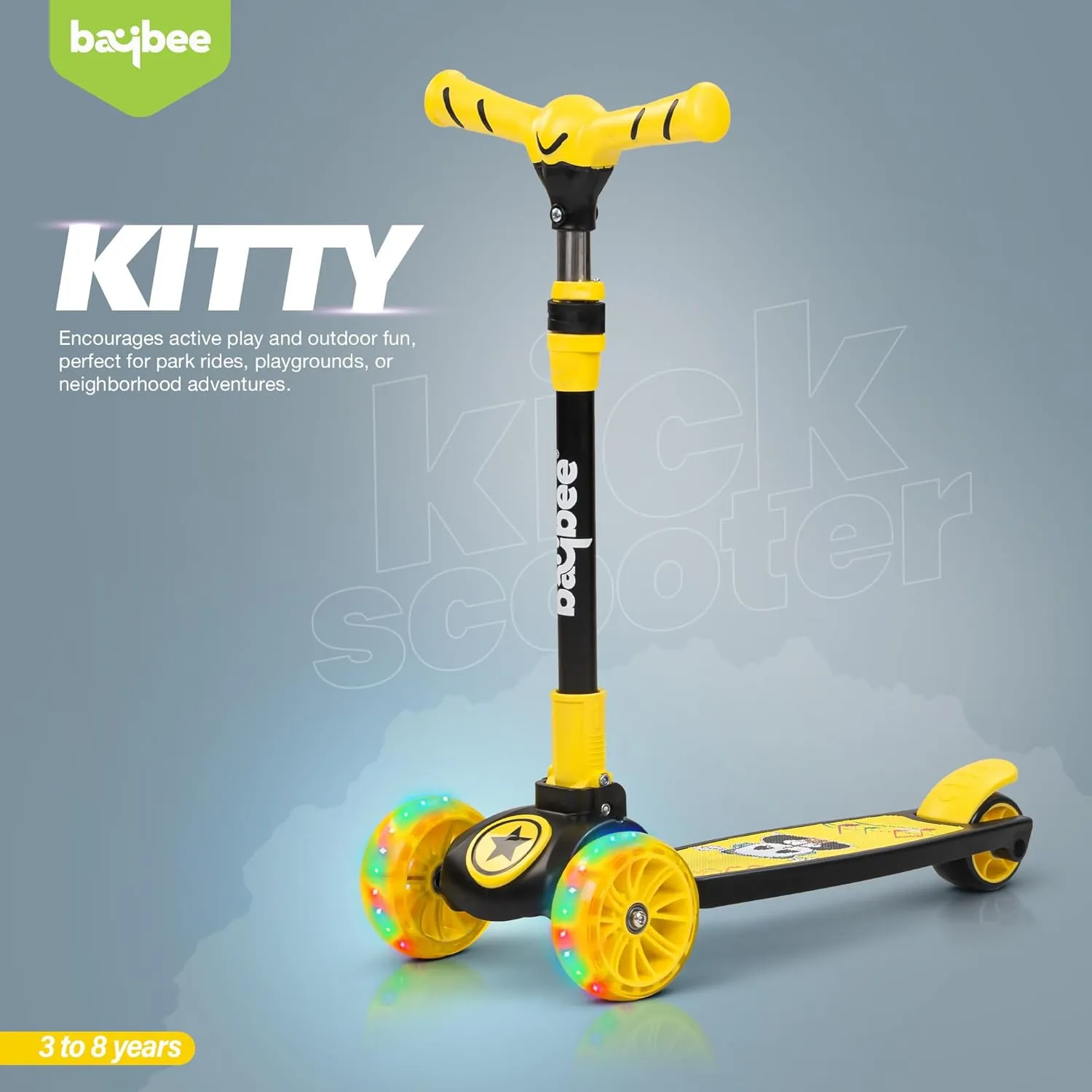 Baybee Kitty Kick Scooter for Kids, Foldable Kids Scooter with 4 Height Adjustable Handle & Brake, Skate Scooter with LED PU Wheels, Runner Scooter for Kids