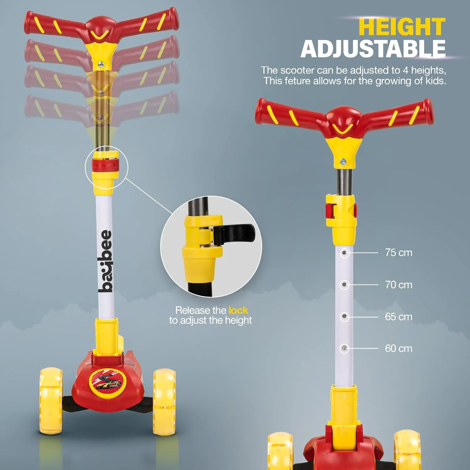 Baybee Kitty Kick Scooter for Kids, Foldable Kids Scooter with 4 Height Adjustable Handle & Brake, Skate Scooter with LED PU Wheels, Runner Scooter for Kids