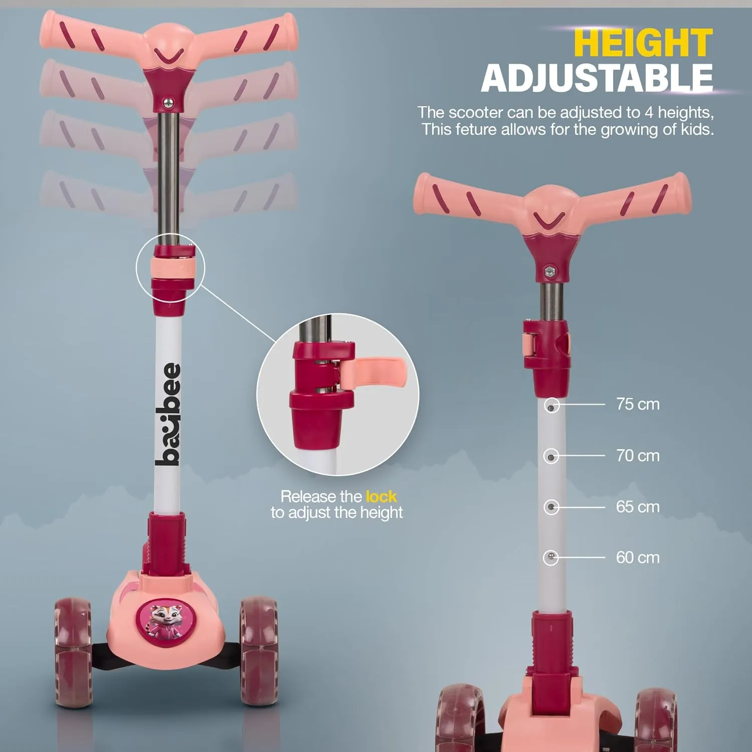 Baybee Kitty Kick Scooter for Kids, Foldable Kids Scooter with 4 Height Adjustable Handle & Brake, Skate Scooter with LED PU Wheels, Runner Scooter for Kids