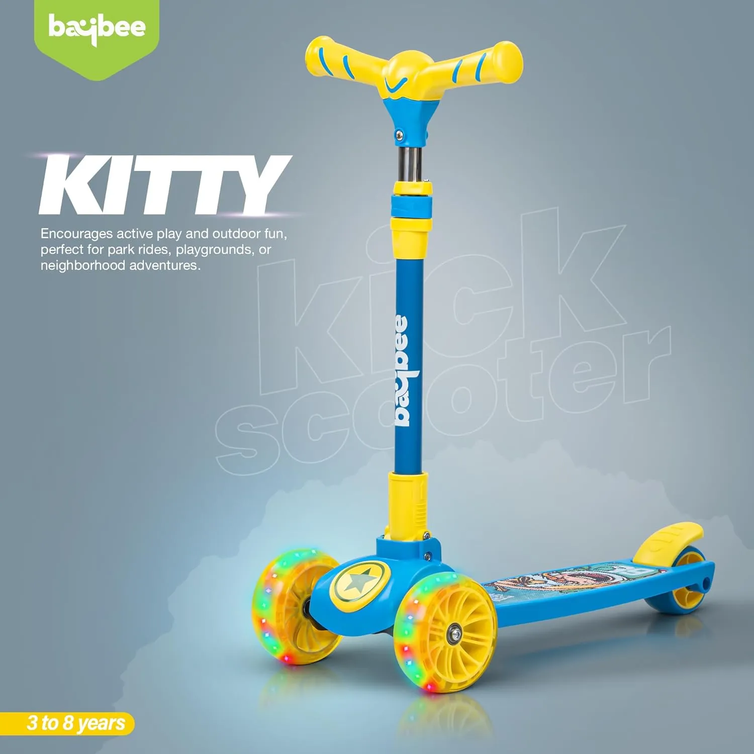 Baybee Kitty Kick Scooter for Kids, Foldable Kids Scooter with 4 Height Adjustable Handle & Brake, Skate Scooter with LED PU Wheels, Runner Scooter for Kids