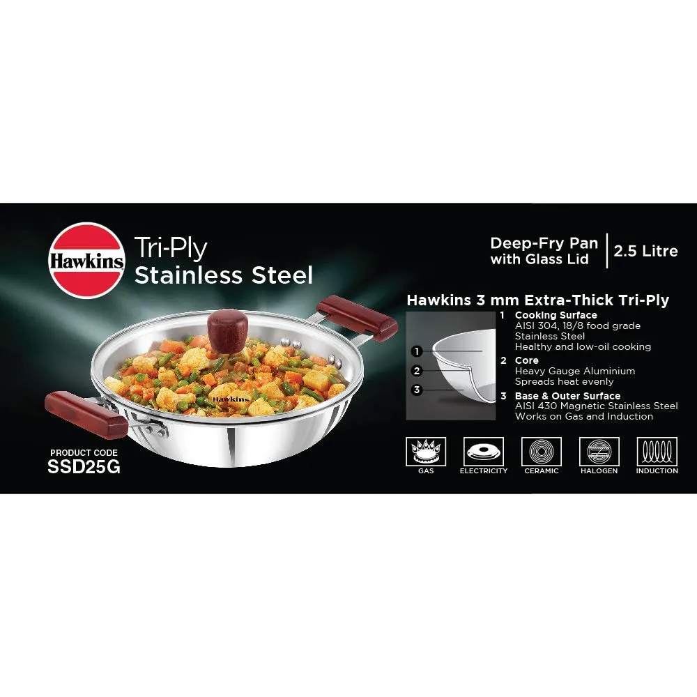 Hawkins Triply 3 mm Stainless Steel Deep Fry Pan, Tawa 26 cm and Kadhai 2.5 LTR with Lid Set