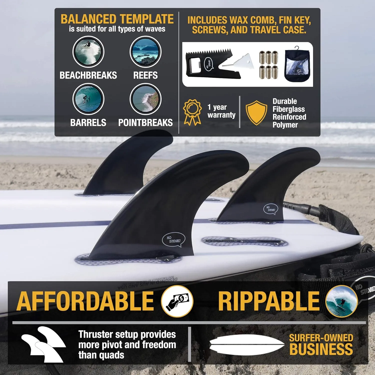 Ho Stevie! FRP Thruster (3) Surfboard Fins - Stronger Than Regular Nylon Fins - Performance and Maneuverability - Includes Travel Case, Screws, Wax Comb and Fin Key