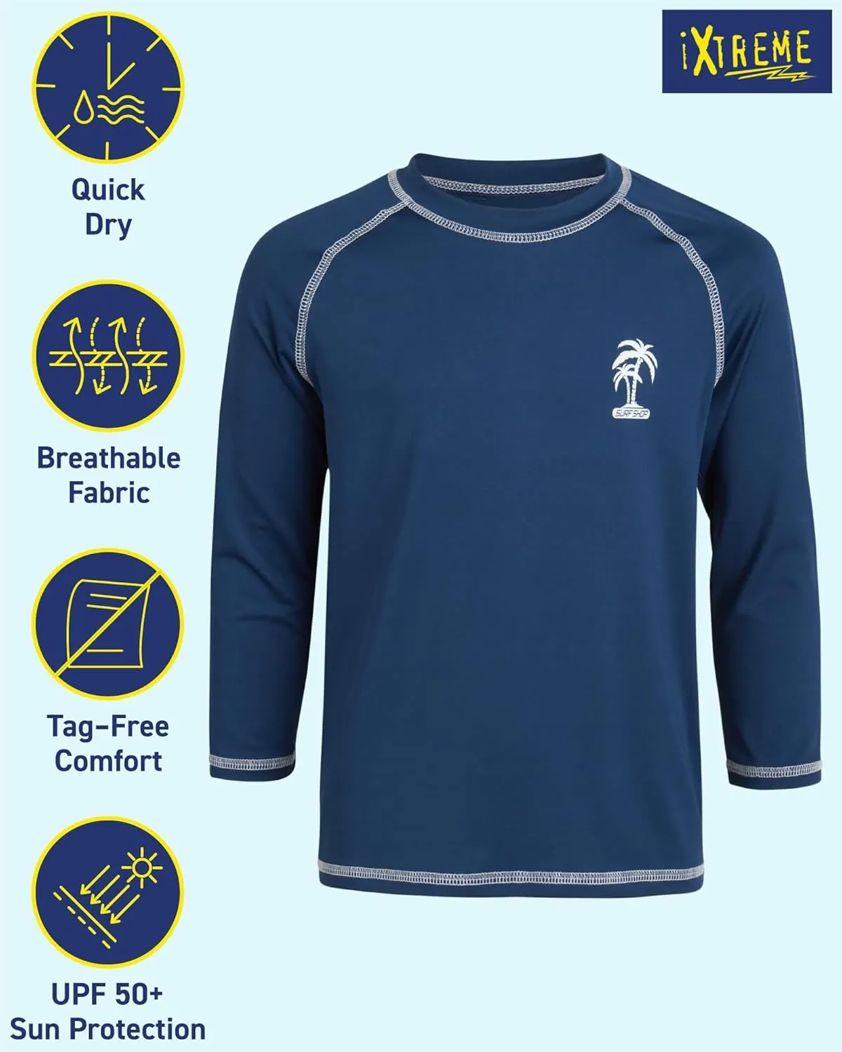iXtreme Boys Swim Shirt - 2 Pack Rashguard UPF 50  Quick Dry Sun Protection Swimwear Boys Rash Guard Long Sleeve (Size 5-18)