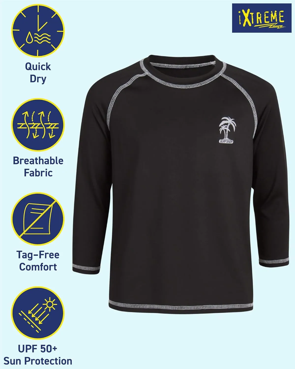 iXtreme Boys Swim Shirt - 2 Pack Rashguard UPF 50  Quick Dry Sun Protection Swimwear Boys Rash Guard Long Sleeve (Size 5-18)