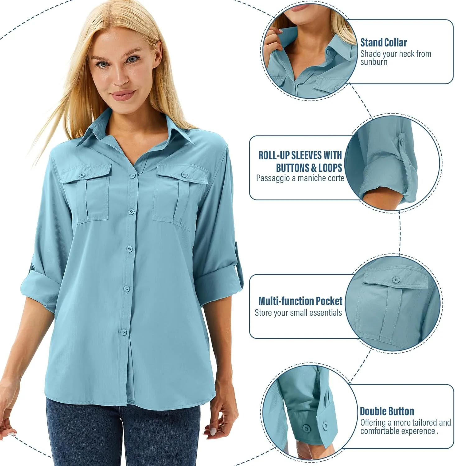 linlon Womens Safari Shirts Long Sleeve UV Protection Hiking Fishing UPF 50  Quick Dry Cooling Camping Travel Shirts