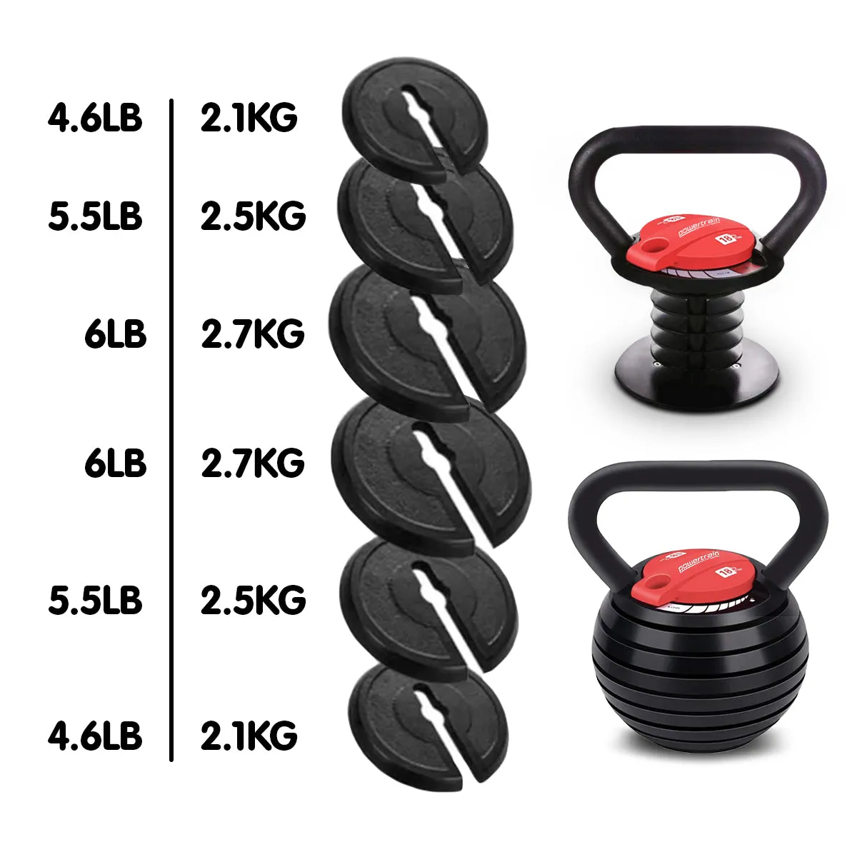 Powertrain 2x Adjustable Kettlebells Weights Dumbbell - 18kg