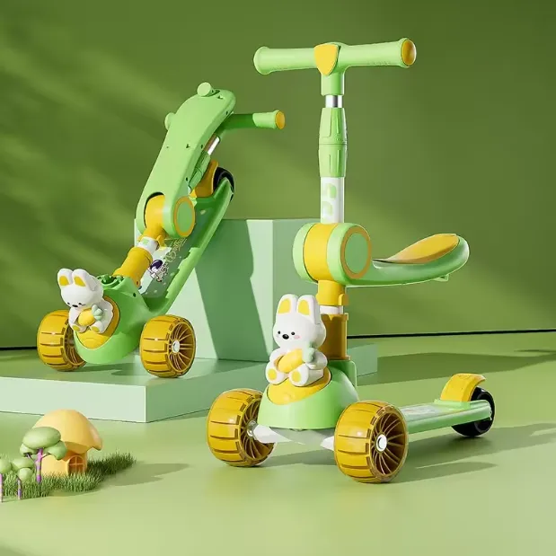 Rabbit Design Foldable Kids Scooter With LED Lights - Green