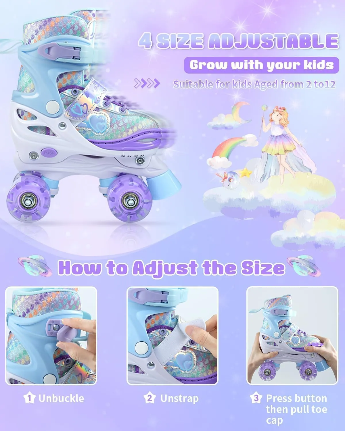 Sportneer Kids Roller Skates, 4 Adjustable Light up Roller Skates for Girls Boys Kids Toddlers Beginners, Kids Skates with Protective Gear Set Gift for Indoor & Outdoor Use