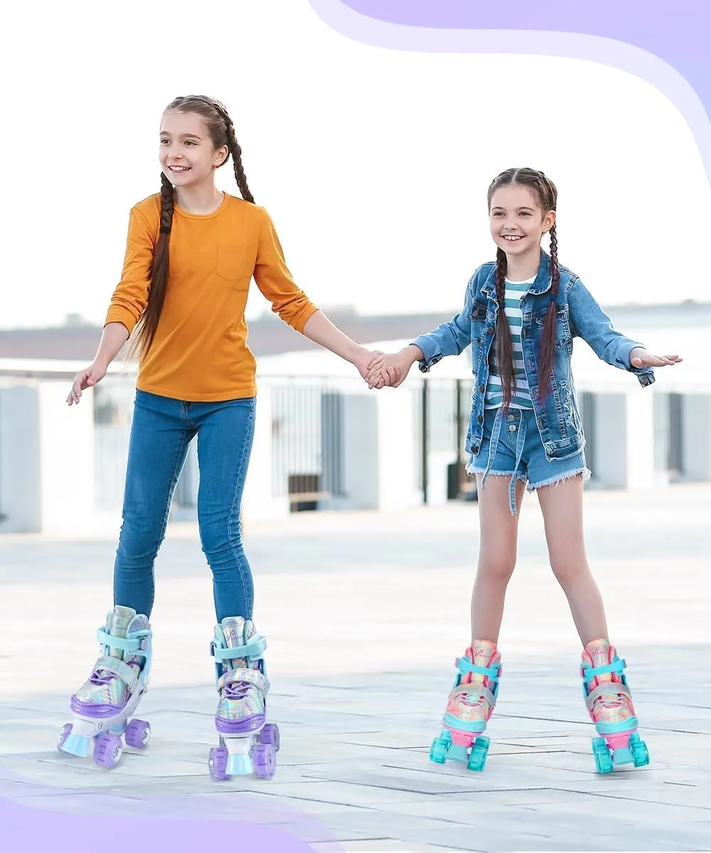 Sportneer Kids Roller Skates, 4 Adjustable Light up Roller Skates for Girls Boys Kids Toddlers Beginners, Kids Skates with Protective Gear Set Gift for Indoor & Outdoor Use