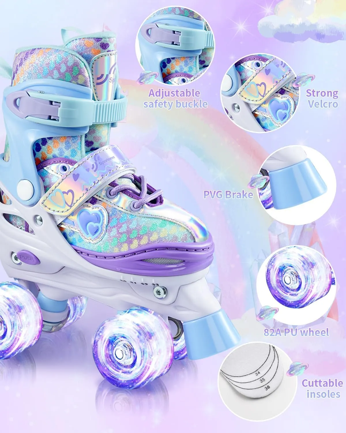 Sportneer Kids Roller Skates, 4 Adjustable Light up Roller Skates for Girls Boys Kids Toddlers Beginners, Kids Skates with Protective Gear Set Gift for Indoor & Outdoor Use