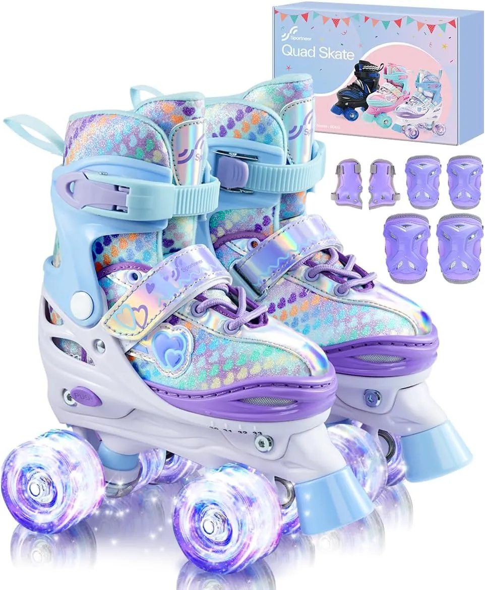 Sportneer Kids Roller Skates, 4 Adjustable Light up Roller Skates for Girls Boys Kids Toddlers Beginners, Kids Skates with Protective Gear Set Gift for Indoor & Outdoor Use