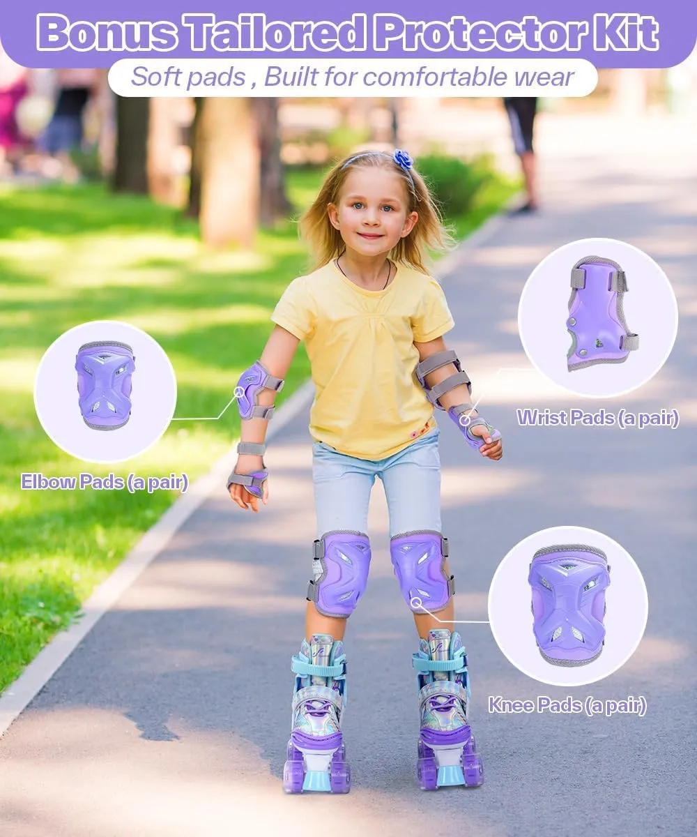 Sportneer Kids Roller Skates, 4 Adjustable Light up Roller Skates for Girls Boys Kids Toddlers Beginners, Kids Skates with Protective Gear Set Gift for Indoor & Outdoor Use