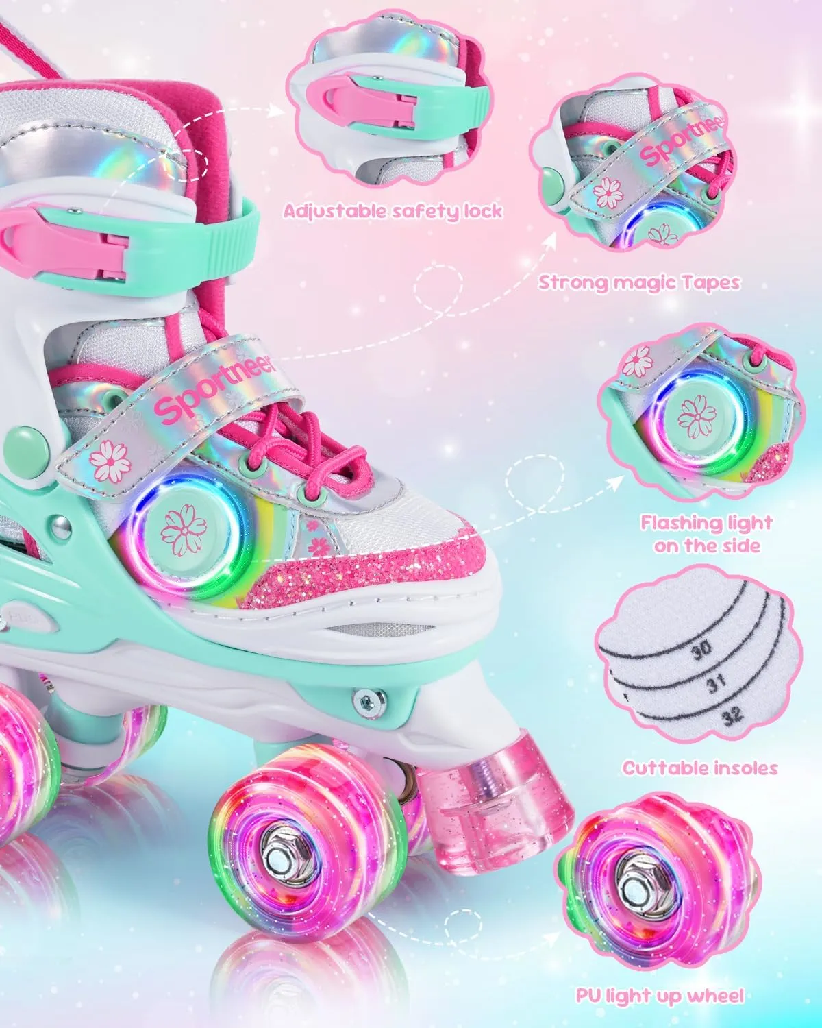 Sportneer Kids Roller Skates, Girls Roller Skates with 4 Adjustable Sizes, Toddlers Roller Skate with 8 Side-Illuminated Flash LED Wheels, Skate Shoes with Protective Gear Set for Ages 3-12