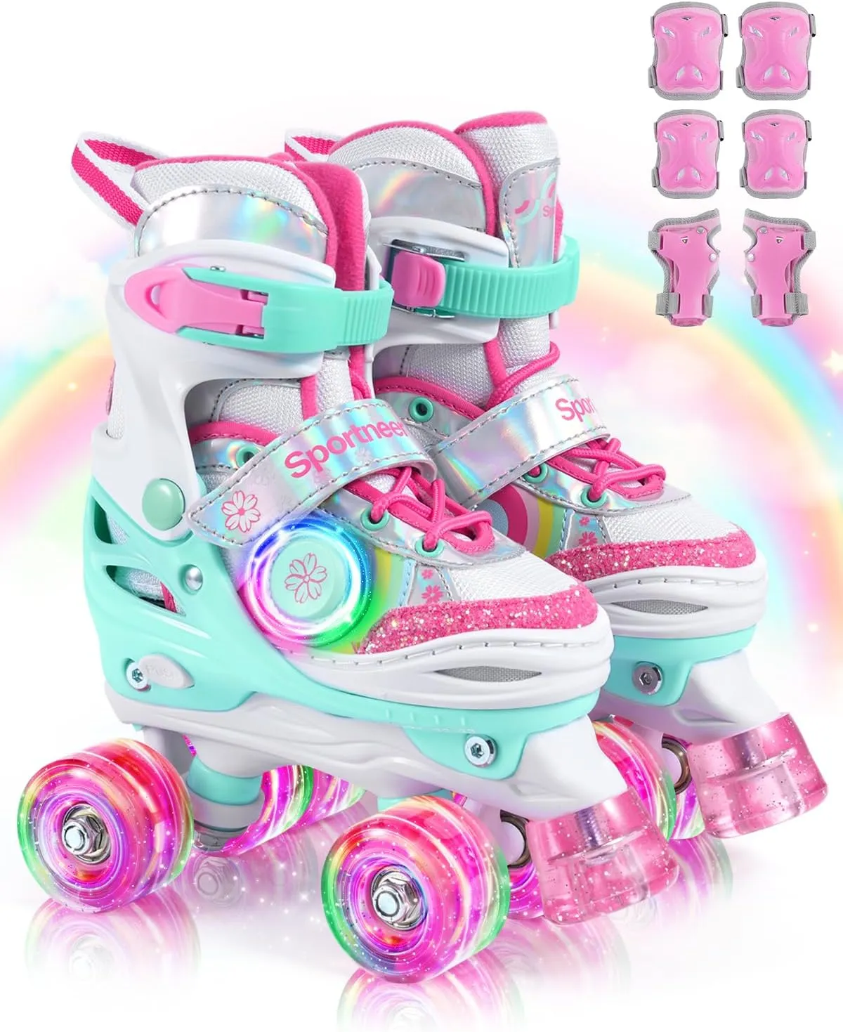 Sportneer Kids Roller Skates, Girls Roller Skates with 4 Adjustable Sizes, Toddlers Roller Skate with 8 Side-Illuminated Flash LED Wheels, Skate Shoes with Protective Gear Set for Ages 3-12