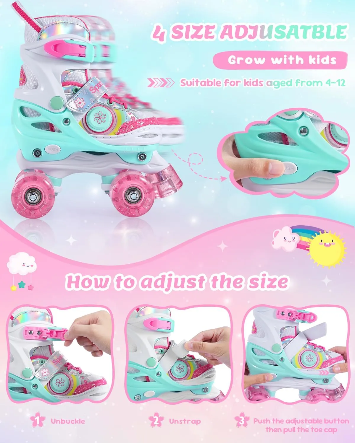 Sportneer Kids Roller Skates, Girls Roller Skates with 4 Adjustable Sizes, Toddlers Roller Skate with 8 Side-Illuminated Flash LED Wheels, Skate Shoes with Protective Gear Set for Ages 3-12