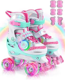 Sportneer Kids Roller Skates, Girls Roller Skates with 4 Adjustable Sizes, Toddlers Roller Skate with 8 Side-Illuminated Flash LED Wheels, Skate Shoes with Protective Gear Set for Ages 3-12
